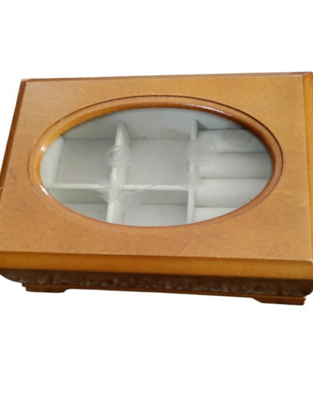 Vintage Wood Jewelry Box Etched Glass Floral Lined 6.5x4.5
